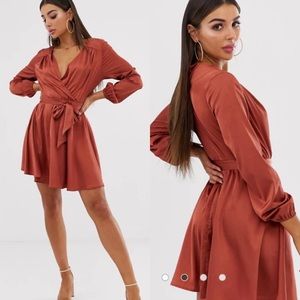 Satin Skater Dress Plunge Neckline with Tie Belt